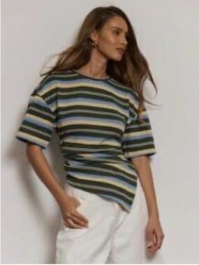 Muse Striped Short-Sleeve Tee in Olive, Blue and Cream